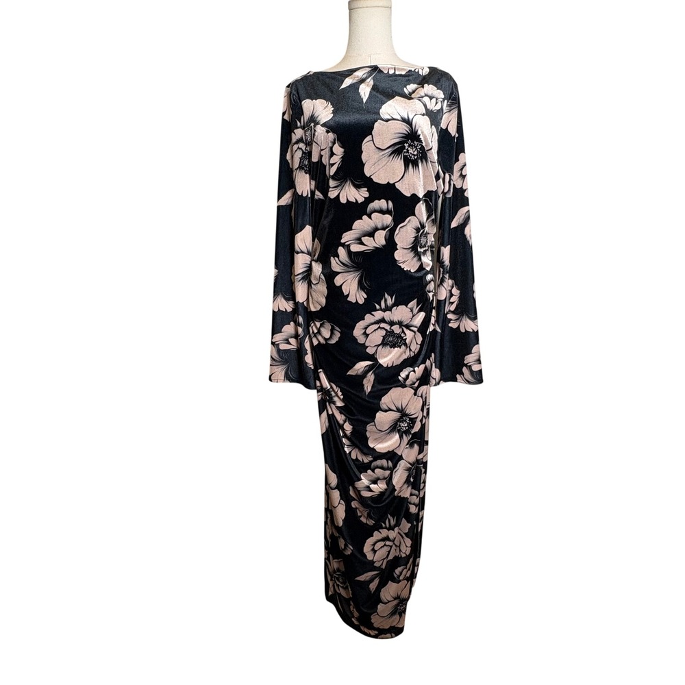 BHLDN Black Pink Floral Velvet Ruched Maxi Dress Long Sleeve Womens Large